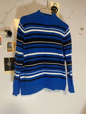 Northern Reflections Royal Blue, Black & White Striped Turtleneck Sweater